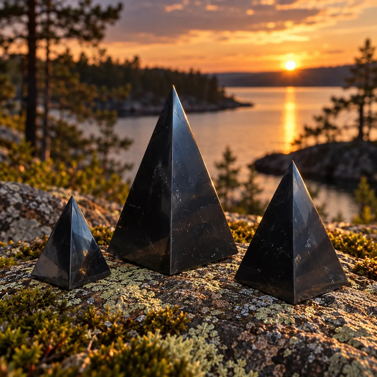 Piramide lucidata alta in shungite, in un ambiente naturale