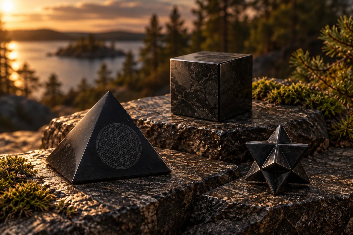 Una piramide incisa, un cubo e una merkaba in shungite su piani di granito