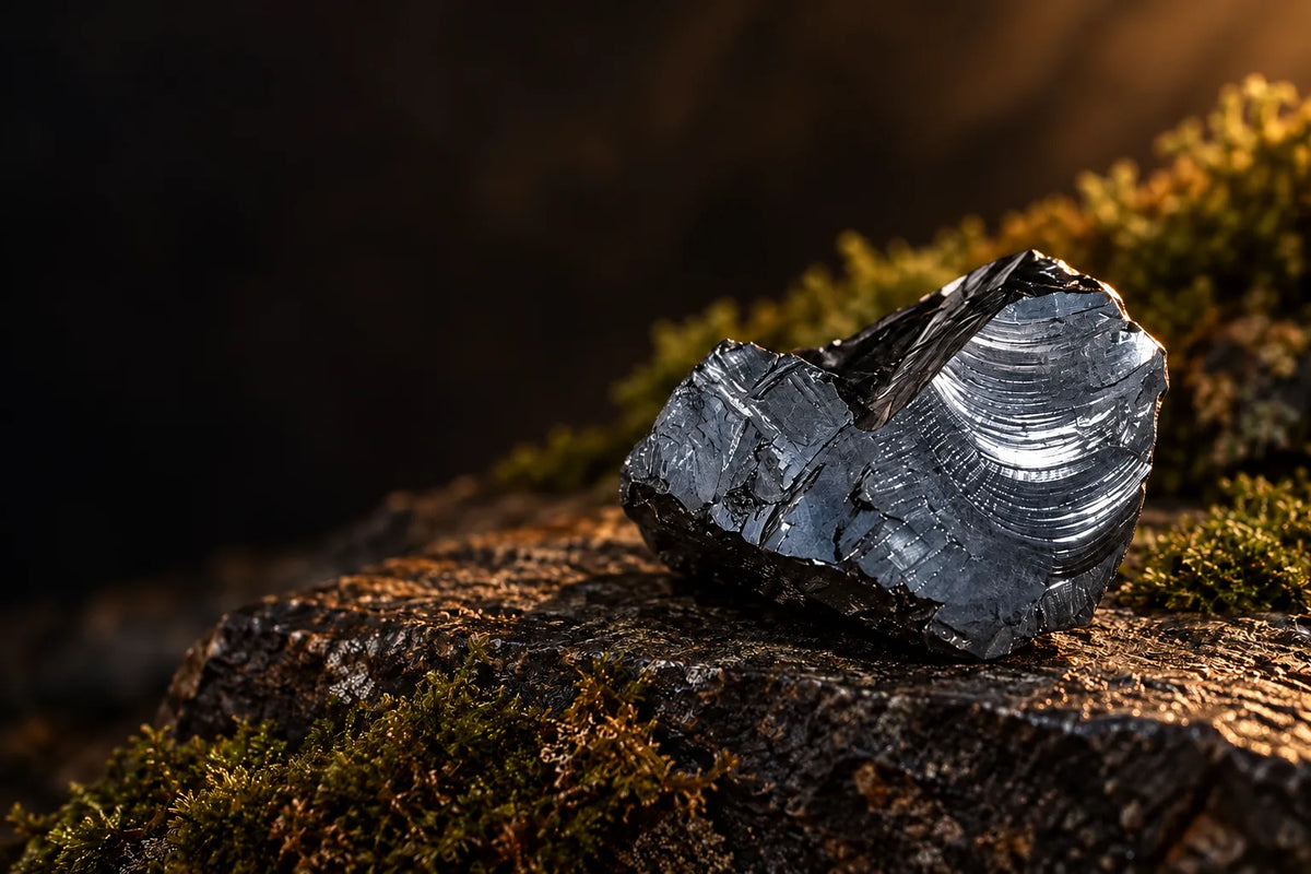 Un frammento di shungite Elite con riflessi metallici su sfondo scuro
