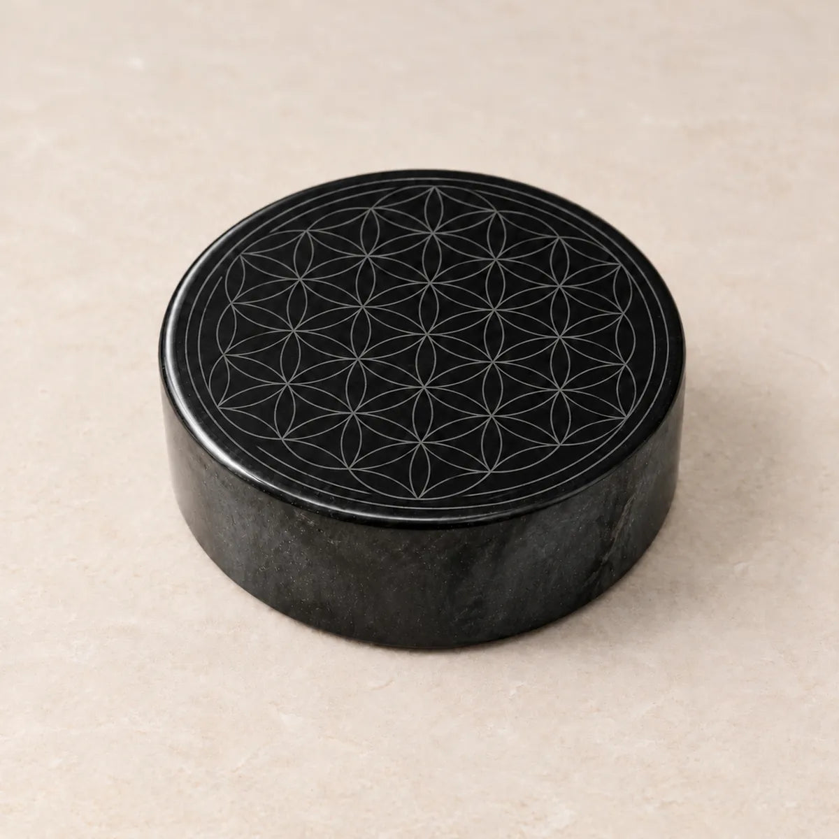 Disco per frigorifero con Fiore della Vita in shungite, su fondo chiaro