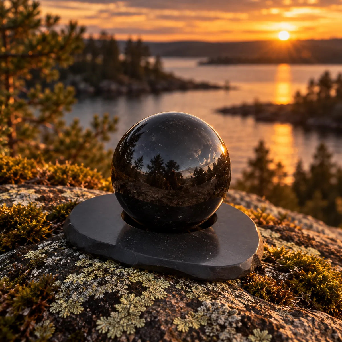 Supporto per sfera in shungite, in un ambiente naturale