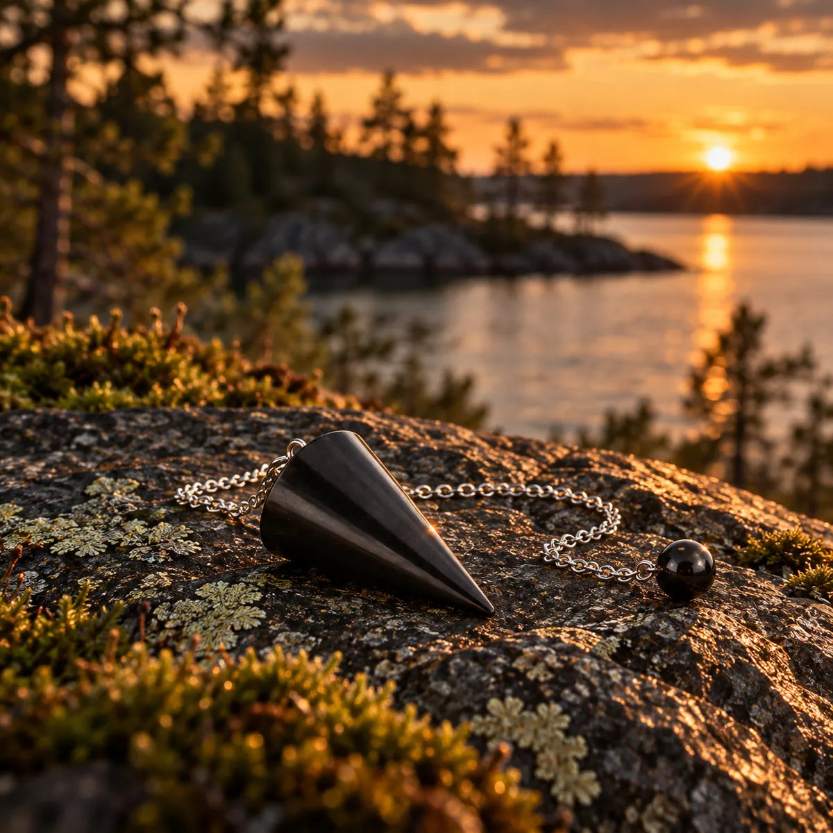 Pendolo in shungite, in un ambiente naturale