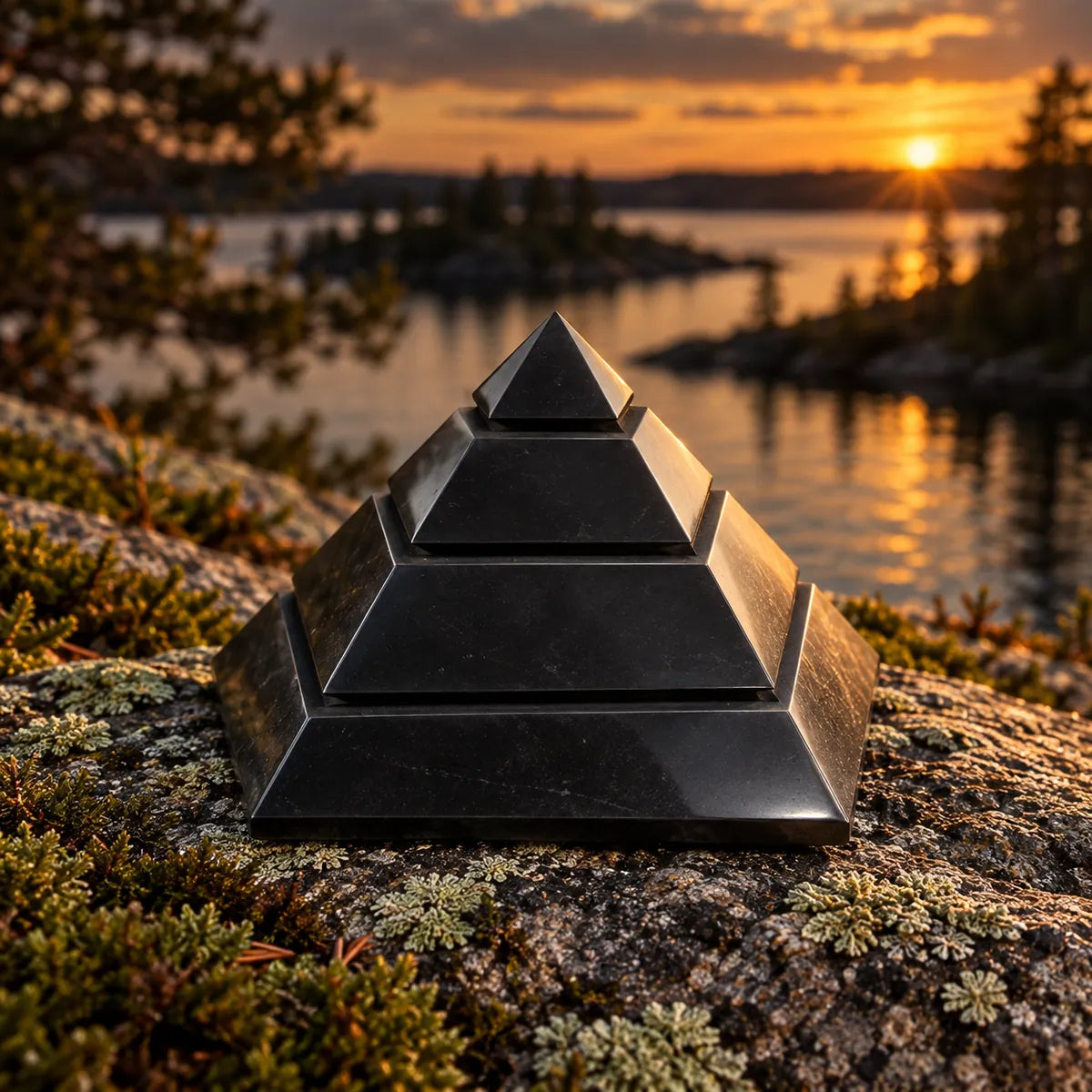 Piramide Saqqara lucidata in shungite, in un ambiente naturale