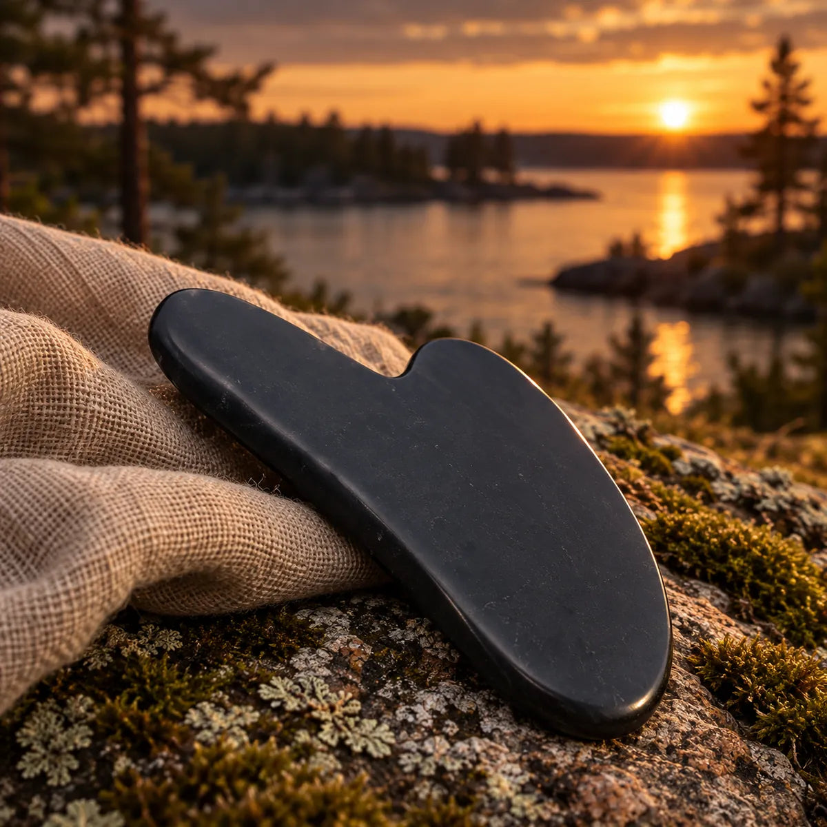 Strumento Gua Sha per il viso in shungite, in un ambiente naturale