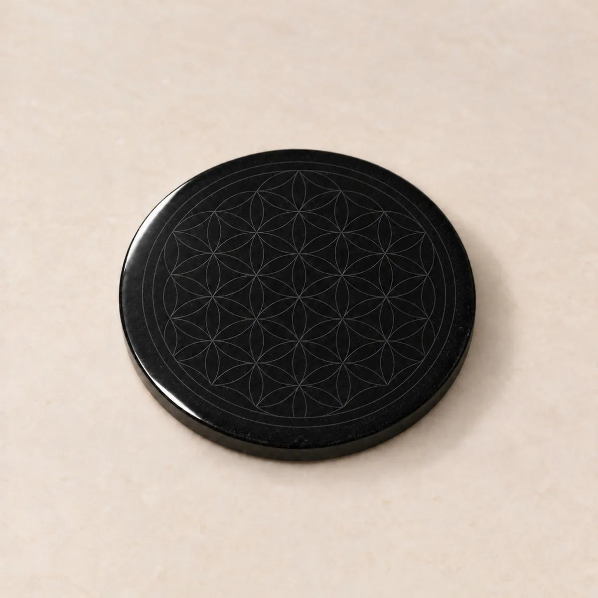 Disco circolare lucidato in shungite, 30 mm con Fiore della Vita, su fondo chiaro