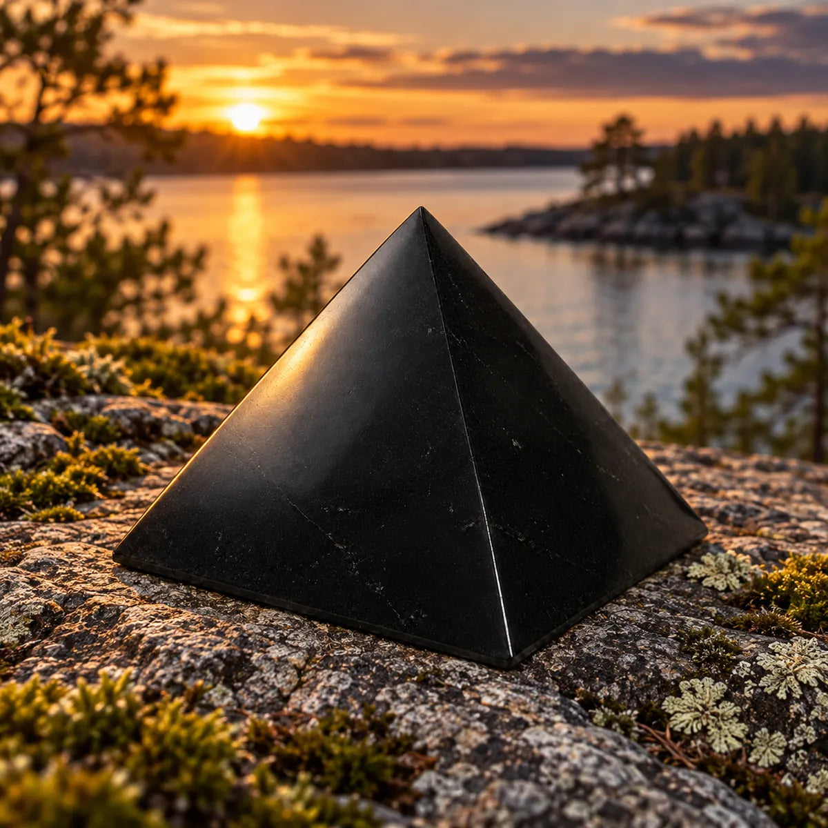 Piramide lucidata in shungite, in un ambiente naturale