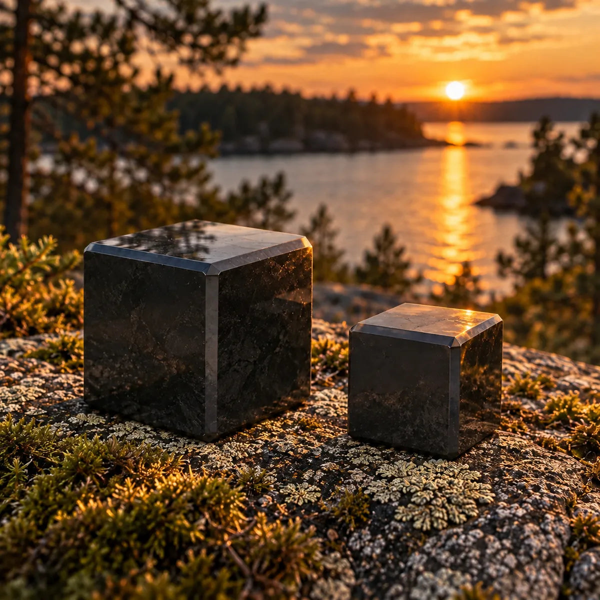 Cubo lucidato in shungite, in un ambiente naturale