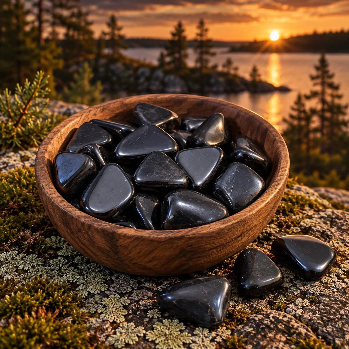 Pietre burattate lucidate 2-4 cm in shungite, in un ambiente naturale