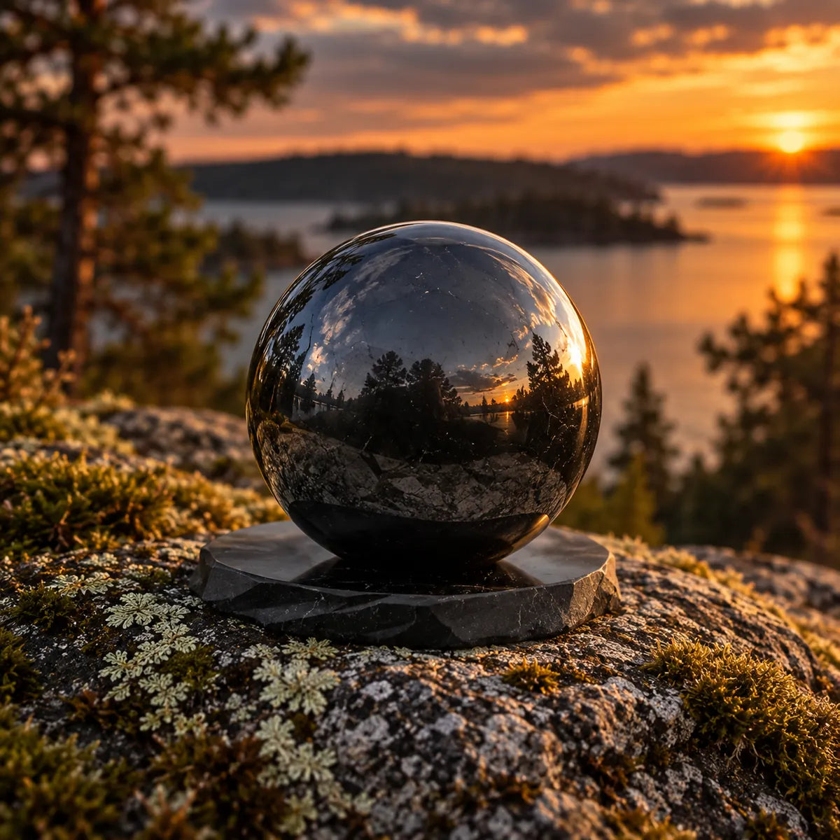 Sfera lucidata in shungite, in un ambiente naturale