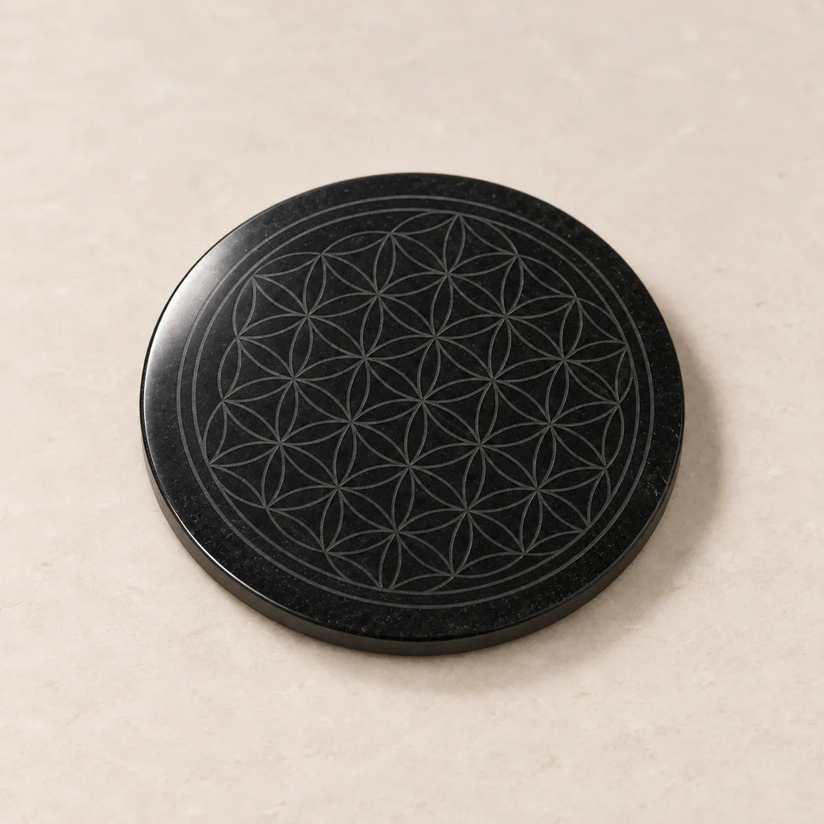 Disco circolare lucidato in shungite, 50 mm con Fiore della Vita, su fondo chiaro