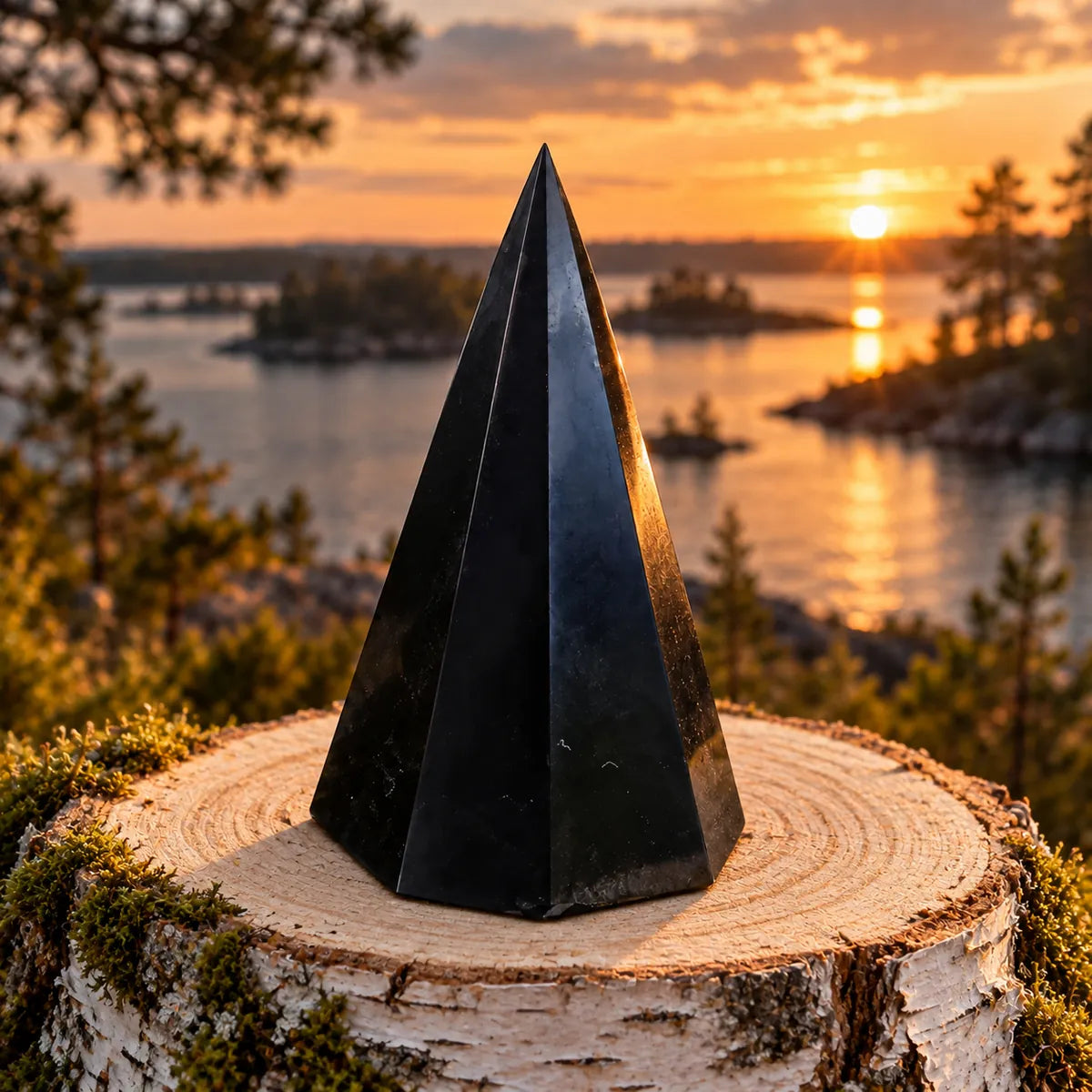 Piramide 8 lati in shungite, in un ambiente naturale