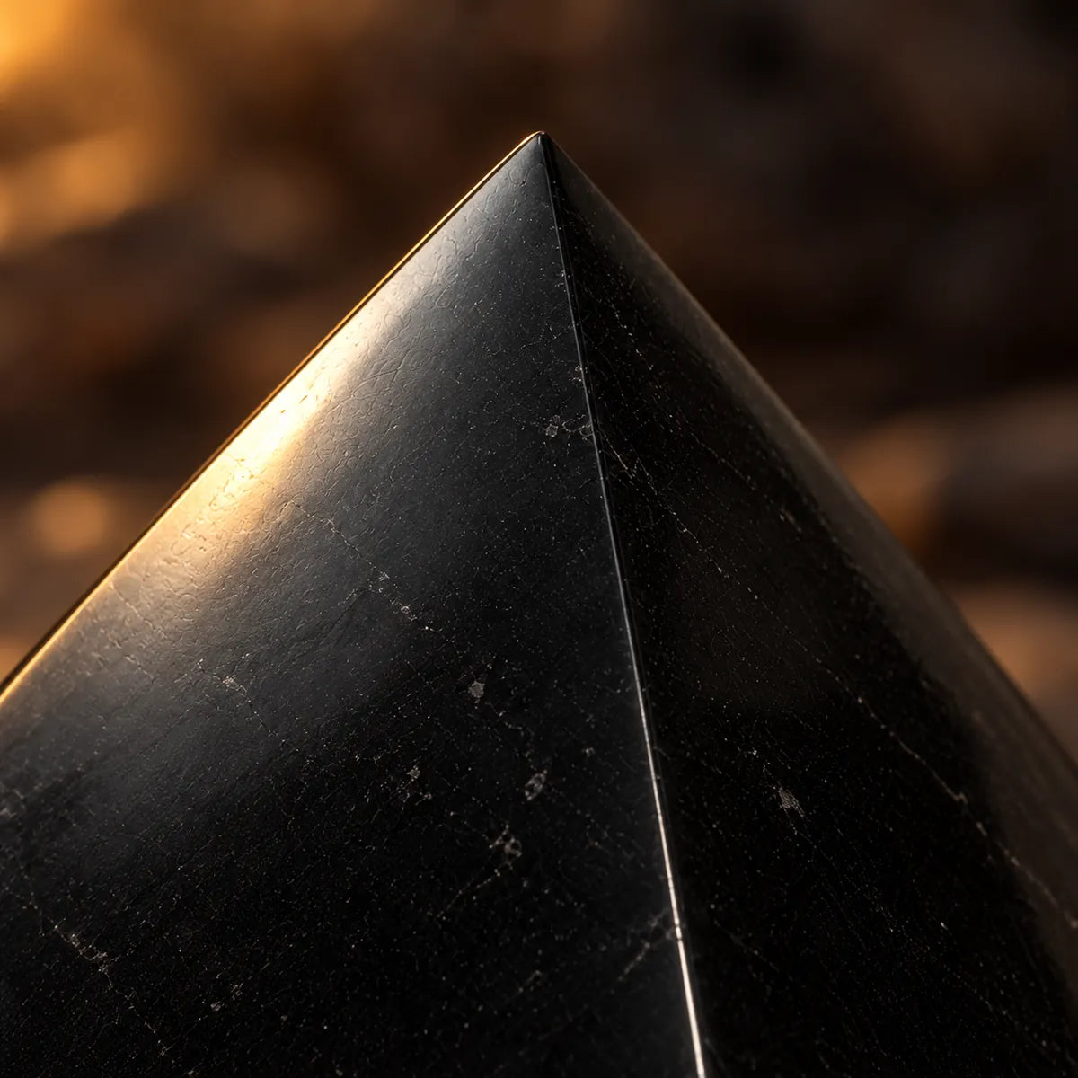 Piramide lucidata in shungite, un dettaglio da vicino