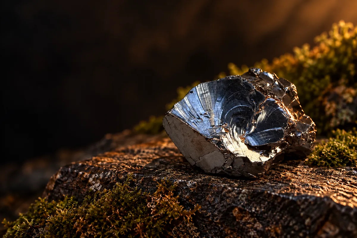 Frammenti di shungite Elite con riflessi metallici su sfondo scuro