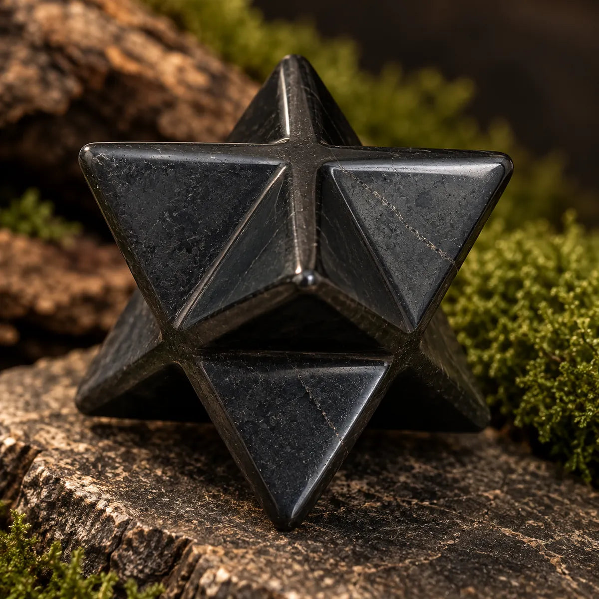 Dettaglio delle facce di una Merkaba in shungite su roccia e muschio