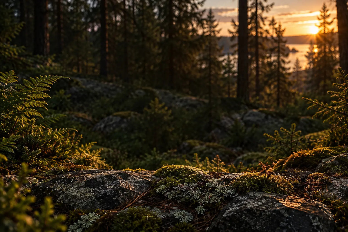 Felci e tronchi in un bosco della Carelia