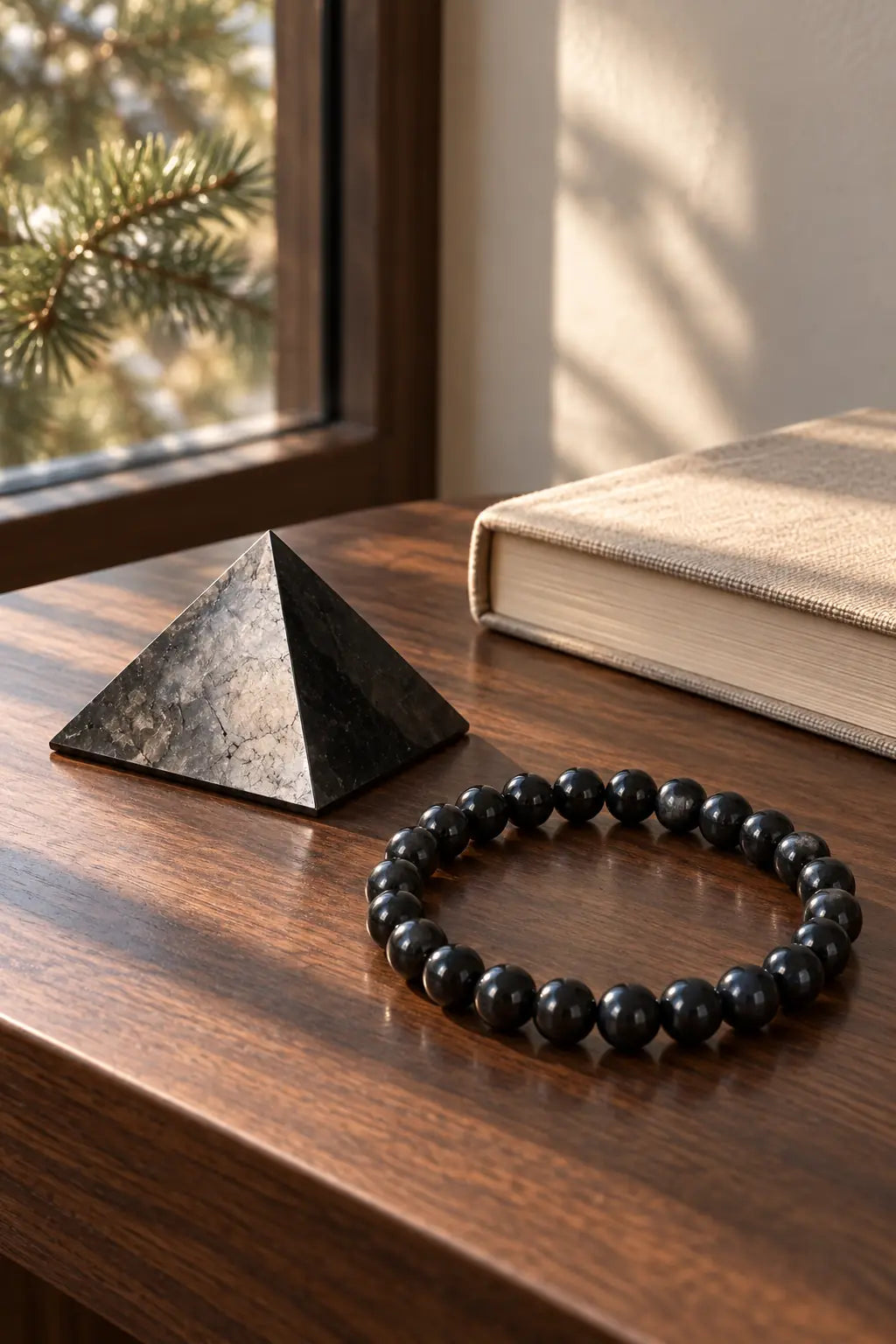 Una piramide e un bracciale di shungite su una scrivania di legno, accanto a un libro e a una finestra