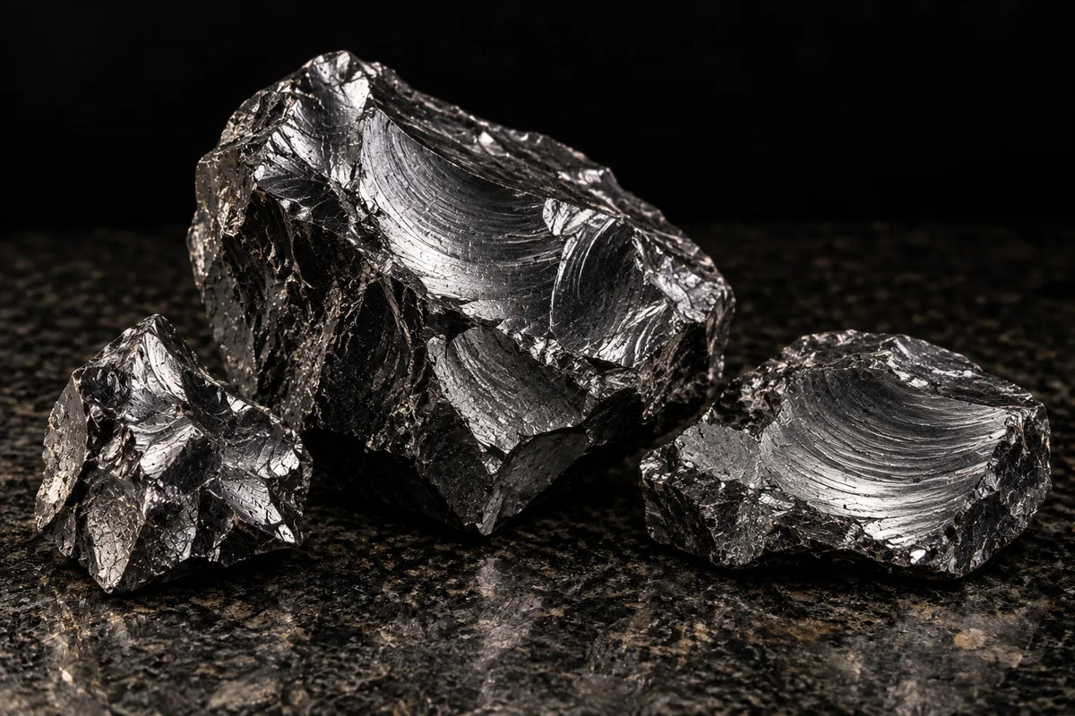 Frammenti di shungite Elite dal riflesso metallico su una pietra scura