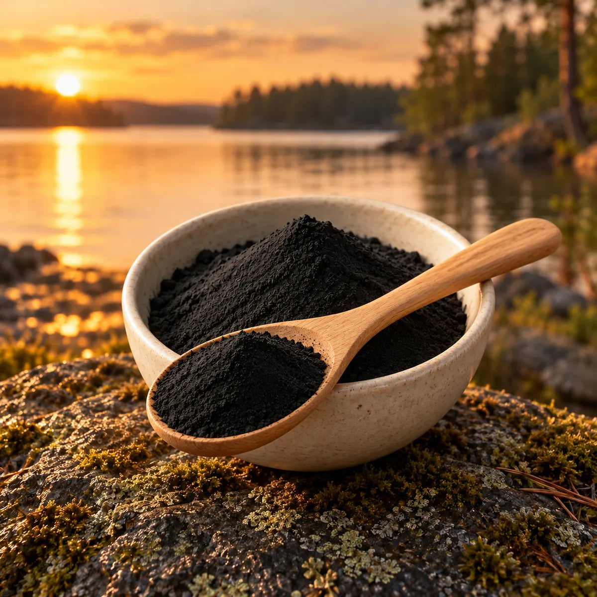 Polvere di shungite pura, nera e finissima, su un cucchiaino di legno